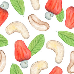 watercolor cashew nut seamless pattern on white