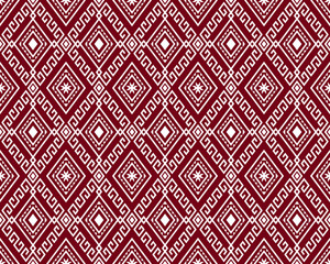 White Tribe or Ethnic Seamless Pattern on Red Background in Symmetry Rhombus Geometric Bohemian Style for Clothing or Apparel,Embroidery,Fabric,Package Design