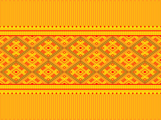 Yellow Red Ethnic or Tribe Seamless Pattern on Yellow Background in Symmetry Rhombus Geometric Bohemian Style for Clothing or Apparel,Embroidery,Fabric,Package Design