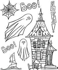 Halloween castle, ghosts, magic hat and spider webs. Vector illustration