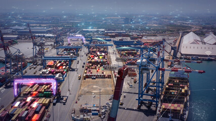 Aerial view of Futuristic Port with 5G network and technology data communication, technology concept, Aerial shot with artificial intelligence, digital network