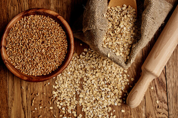 wooden kitchen items cereals products view from above