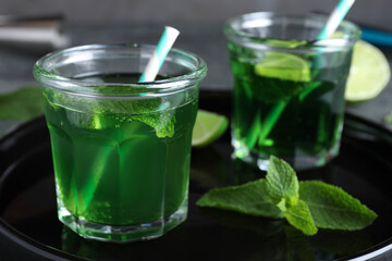 Delicious mint liqueur with green leaves and lime on black tray, closeup