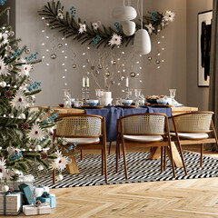 3d rendering. Modern Christmas interior in blue tones.