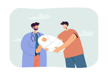 Cartoon doctor giving newborn baby to happy father. Male character holding healthy child flat vector illustration. Family, fatherhood concept for banner, website design or landing web page