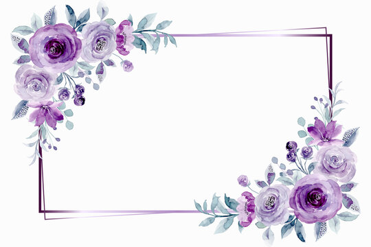 Purple rose flower frame with watercolor