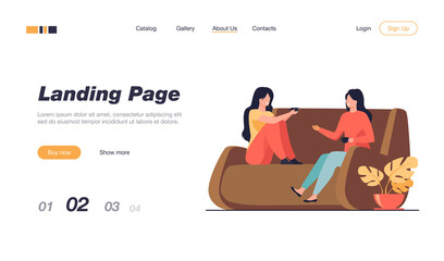 Two female friends meeting and chatting at home. Women drinking tea and talking on couch flat vector illustration. Friendship, leisure concept for banner, website design or landing web page