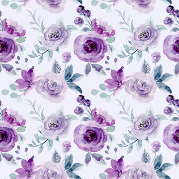 Soft purple floral watercolor seamless pattern
