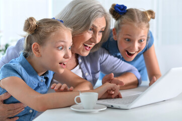 Portrait of granny with granddaughters using laptop