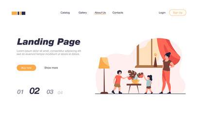 Mom teaching kids to take care about home plants. Children watering houseplants at home flat vector illustration. Parenthood, motherhood, family concept for banner, website design or landing web page