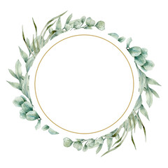 Watercolor illustration card with eucalyptus circle frame. Isolated on white background. Hand drawn clipart. Perfect for card, postcard, tags, invitation, printing, wrapping.