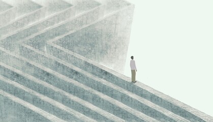 Lonely man losted in surreal city. Alone loneliness depression and sadness concept art. conceptual painting, minimal design illustration - obrazy, fototapety, plakaty