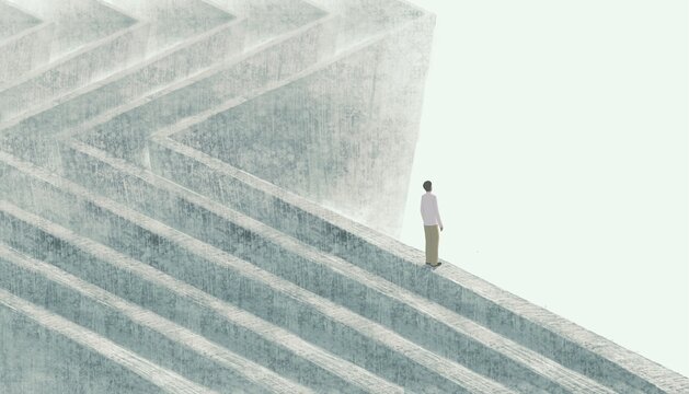 Lonely man losted in surreal city. Alone loneliness depression and sadness concept art. conceptual painting, minimal design illustration