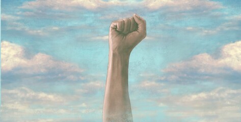 Political art, Concept idea of  freedom of expression and, surreal painting, fist hand up into the sky, conceptual artwork 3d illustration	
 - obrazy, fototapety, plakaty