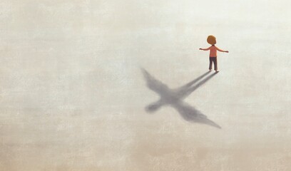 A boy with flying shadow, concept idea art of freedom dream imagination and hope, conceptual painting, surreal artwork, 3d illustration, minimal