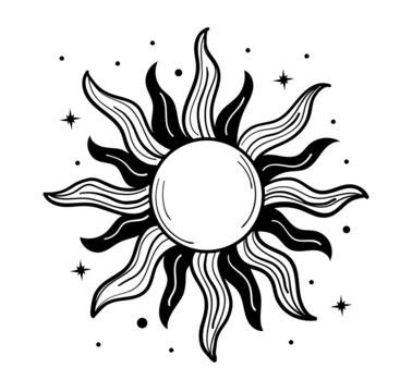 Detailed drawing of the sun with rays, engraving, hand drawing. Silhouette of the sun, linear sketch for tarot, astrology, divination. Vector illustration isolated on white background.