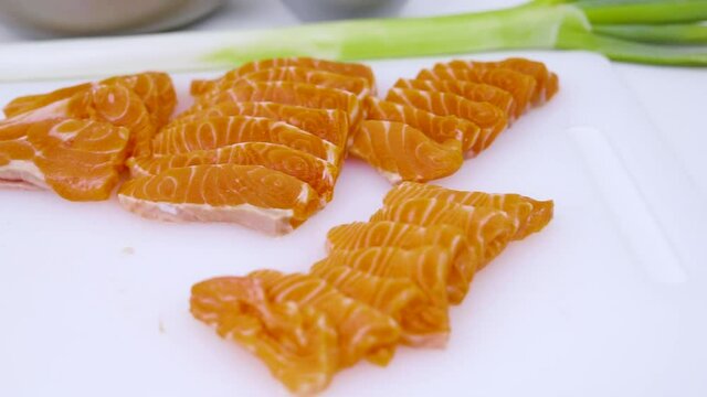 Closeup - home cook salmon sashimi