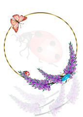 Watercolor Wedding gold frames with green leaves, flowers and insects.Beautiful watercolor flowers on white background. Watercolour drawing aquarelle. Isolated bouquet of flowers illustration element.