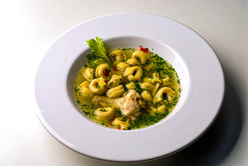 Capeletti soup with shredded chicken