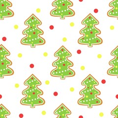 Gingerbread Christmas tree new year pattern. Festive background with cookies. Baking decorated trees and balls. Seamless template for wallpaper, packaging and design, vector illustration.