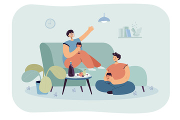 Fototapeta na wymiar Happy couple enjoying romantic evening at home. Flat vector illustration. Man and woman sitting on couch and floor, drinking champagne, eating fruits together. Date, love, comfort, dinner concept