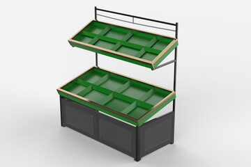Pop up Multilayer grocery store vegetable display racks. 3d illustration