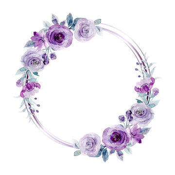 Purple rose flower wreath with watercolor