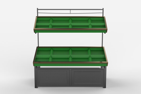 Pop Up Multilayer Grocery Store Vegetable Display Racks. 3d Illustration