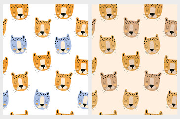Cute Hand Drawn Nursery Vector Pattern with Dreamy Tigers. Lovely Repeatable Print with Heads of Wild Cats on a White and Light Brown Background. Infantile Style Safari Patterns ideal for Fabric.