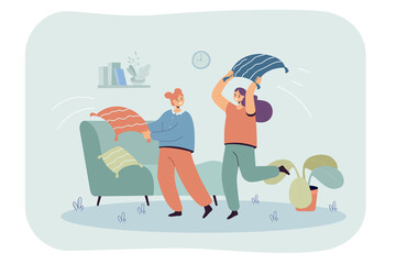Obraz premium Cartoon girls fighting with pillows in living room. Flat vector illustration. Happy female characters spending time together, playing, laughing. Home party, joke, fun, friendship, feminine concept
