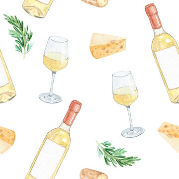 watercolor white wine and cheese seamless on white background