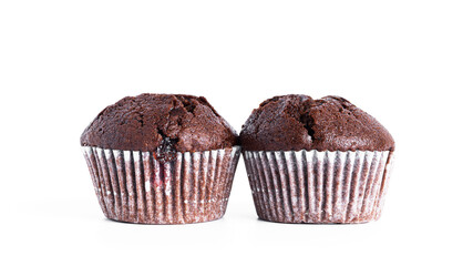 Chocolate cupcakes with cherry jam isolated on a white background. Chocolate muffin.