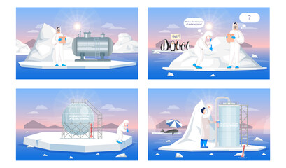 Set of illustrations about scientists working in research stations of global warming. People in protective suit work with climate change. Characters research impact of global warming on animals - obrazy, fototapety, plakaty