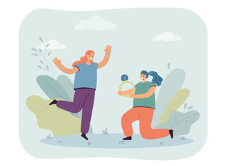 Cartoon woman proposing to girlfriend with huge wedding ring. Happy female characters getting married flat vector illustration. LGBT, marriage, love concept for banner, website design or landing page