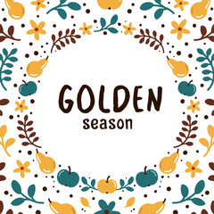 Golden season lettering phrase and autumn harvest symbols on white background. Vector illustration
