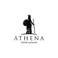 Silhouette of Athena Minerva with Shield and Spear, The Beauty Greek Roman Goddess Logo Design