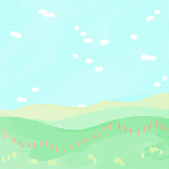 風景のイラスト　ドット柄　郊外のいなかの風景　牧場