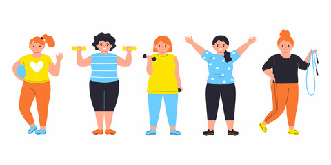 Group of women doing sports exercises. Characters isolated on white background.Vector illustration in flat style.