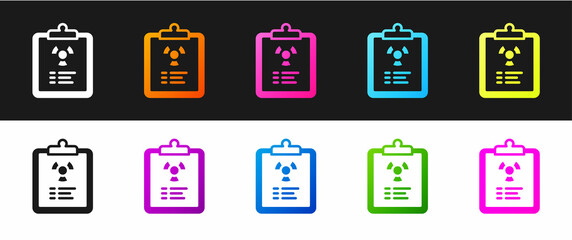 Set Radiation warning document icon isolated on black and white background. Text file. Vector