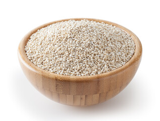 Dried white quinoa seeds in wooden bowl isolated on white background with clipping path