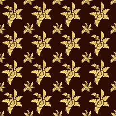 Thai fabric pattern Pale yellow flowers on a dark maroon background. in Thai identity