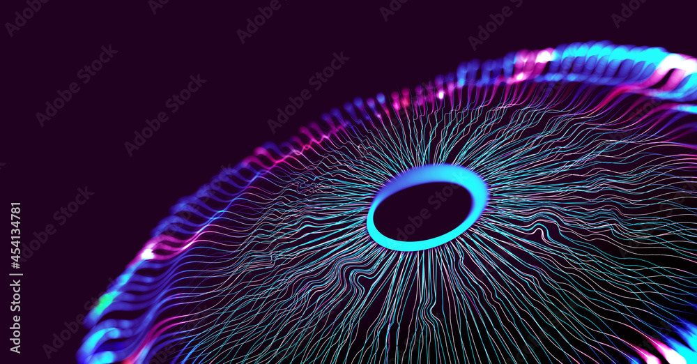 Poster abstract 3d illustration. technology big data background concept. wave, dots, weave lines. ai visual