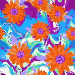 Fototapeta na wymiar Abstract Hand Drawing Daisy Flowers with Tie Dye Marbled Liquid Batik Background