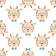 Seamless pattern with cute giraffe in glasses and bow tie. Background with wild animals in flat style. Illustration for kids. Design for wallpaper, fabric, textiles, wrapping paper. Vector