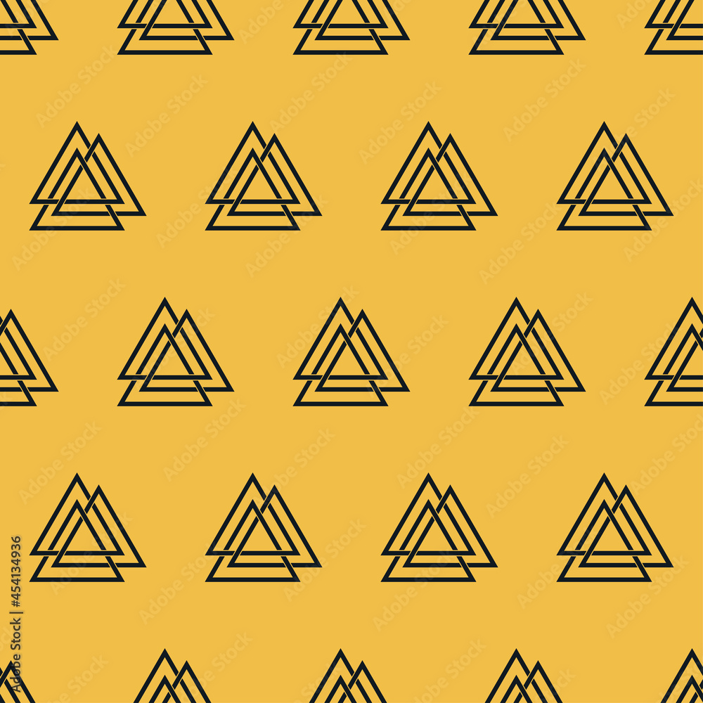 Wall mural Valknut sign. Scandinavian amulet, symbol god Odin. Seamless pattern. Esoteric, sacred geometry, witchcraft. Vector illustration on yellow background