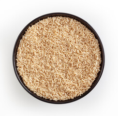 Brown rice in black bowl isolated on white background with clipping path