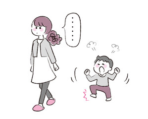 地団駄を踏む男の子と相手にしない母親