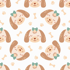 Seamless pattern with cute dog with bone, bow and trace. Background with wild animals in flat style. Illustration for kids. Design for wallpaper, fabric, textiles, wrapping paper. Vector