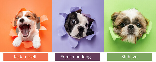 Three sweet little puppies of popular purebred dogs looking at camera isolated over colored torn background. Set of small animals with signs of breed names - obrazy, fototapety, plakaty
