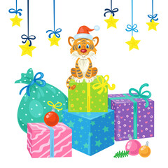 Cute tiger cub in a Santa hat sits on a large mountain of gift boxes. In  cartoon style. Isolated on white background. Vector illustration